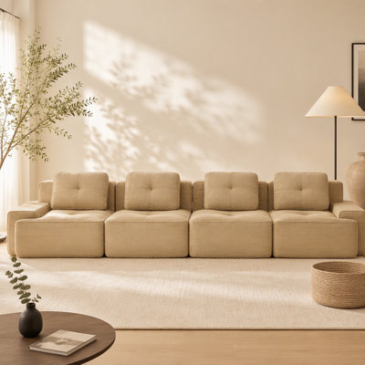 153 Inch Modern Modular Sectional Sofa with Corduroy Fabric, Deep Seating, Pearl-like Piping, Tufted Design, and Anti-slip Base in Camel