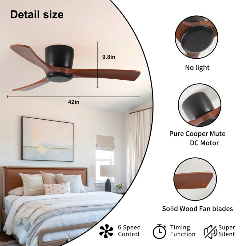 Ventilateur de plafond de 42 pouces sans lumière avec télécommande, ventilateur de plafond encastré à profil bas sans lumière, moteur à courant continu réversible silencieux avec minuterie