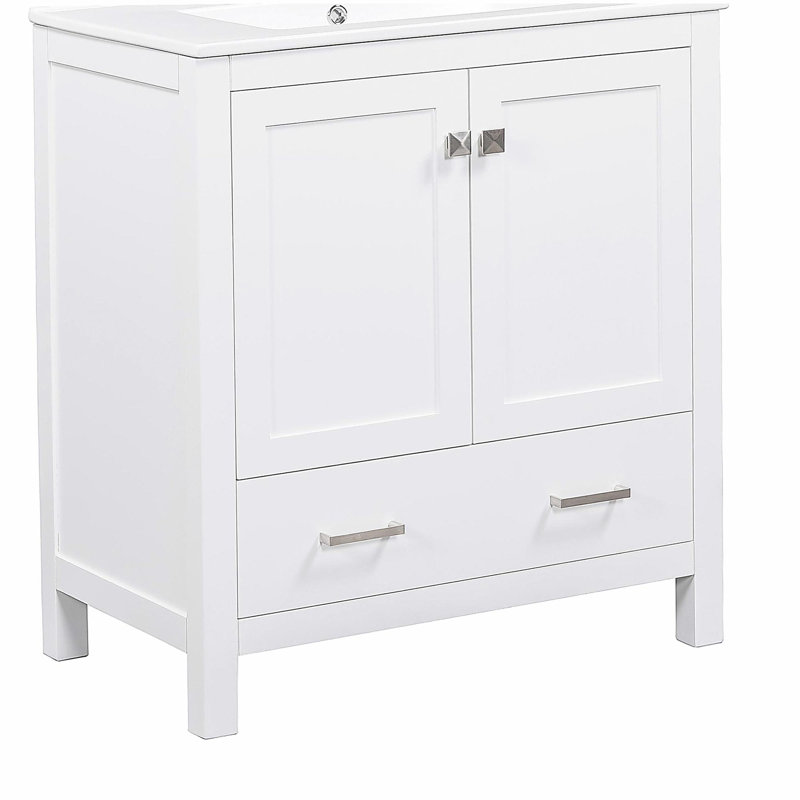 Meuble-lavabo de 30 po avec lavabo simple, installation combinée de lavabo, armoire de rangement de salle de bain avec 2 portes et 1 tiroir, fermeture en douceur, rangement multifonctionnel, structure en bois massif