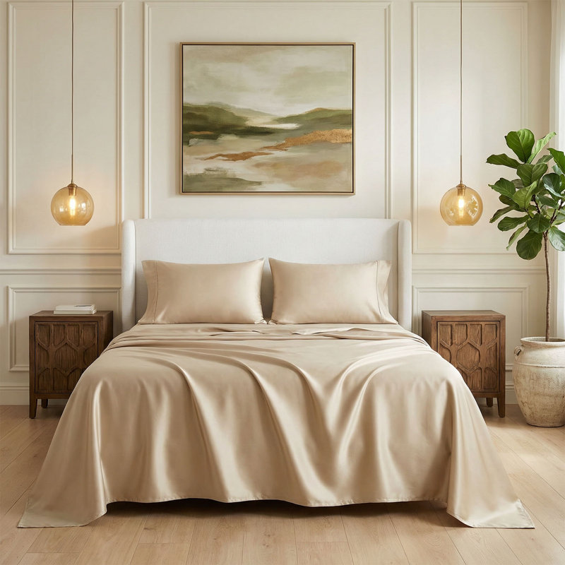 600 Thread Count 100% Cotton Sheet set in Sateen Weave, Full Sheet Set with 2 Pillowcases, Beige, Solid