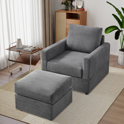 Chaise longue d'appoint à accoudoirs carrés avec repose-pieds en velours côtelé
