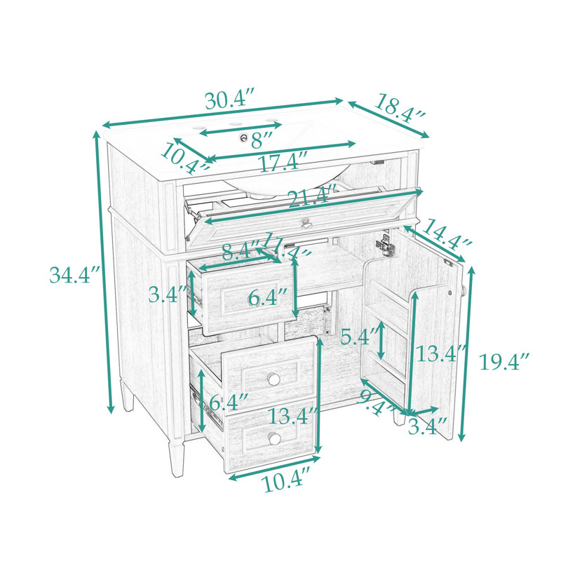 Meuble-lavabo de salle de bain avec lavabo, 2 tiroirs à fermeture en douceur et 1 porte à fermeture en douceur, 30"