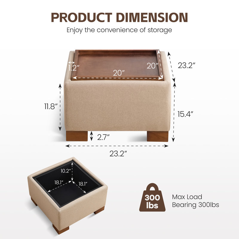 23.2" W Upholstered Square Storage Ottoman with Wooden Tray, Khaki Fabric, 15.4" H x 23.2" W x 23.2" D