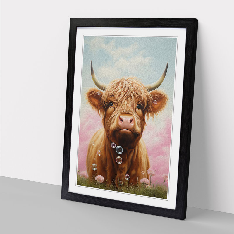Highland Cow Bubble Gum - Single Picture Frame Print on Wood, Black, 64cm H x 46cm W x 2cm D