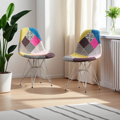 Patchwork Accent Chair Bohemian Style Fabric‎ Chair With Chromed Legs Geometric Pattern Chair Set Of 2