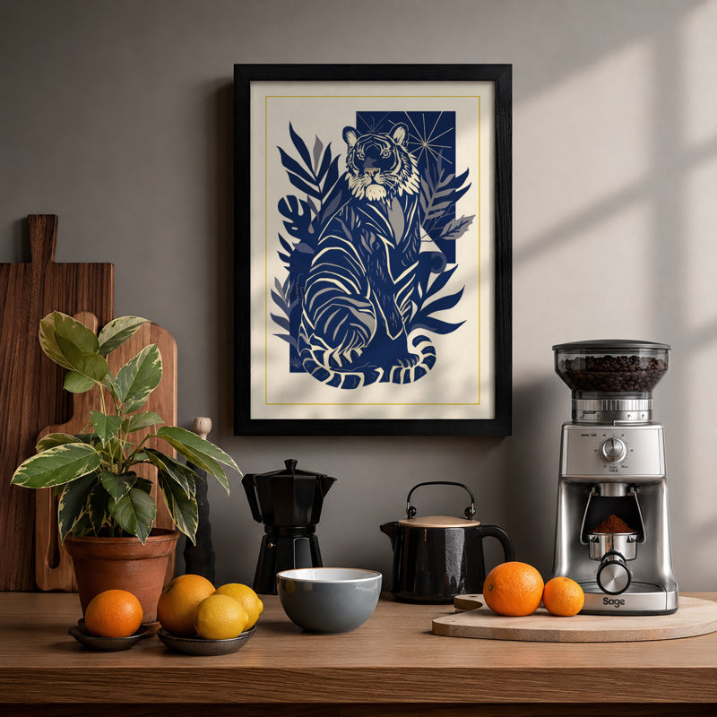 Tiger in Foliage Art Deco - Framed Print, Black, A3 - 42.0 x 29.7 cm