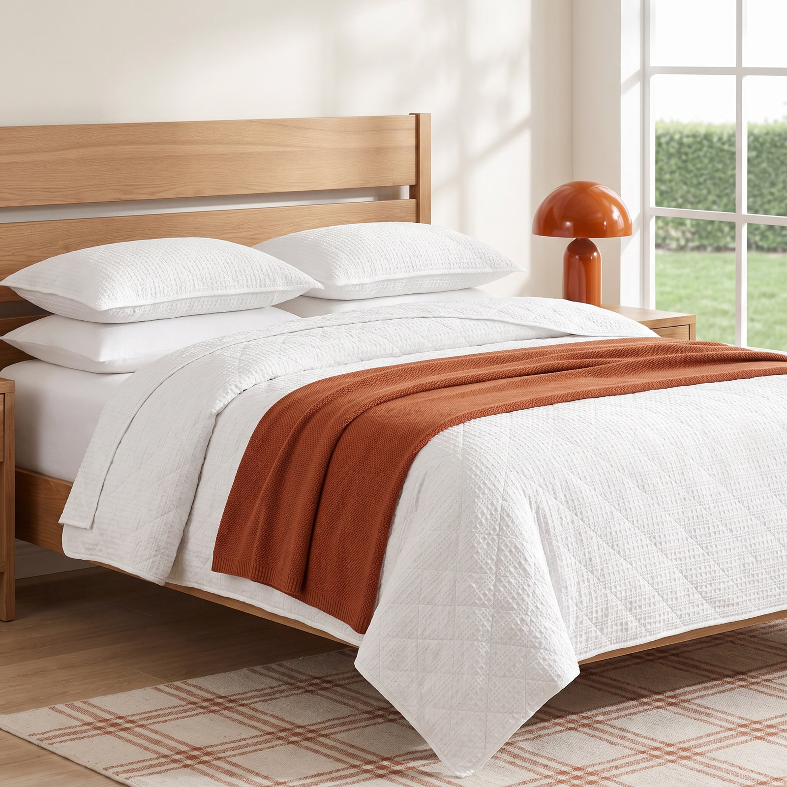Haniya Solid Waffle Cotton Quilt Set, Queen Quilt + 2 Standard Shams, White