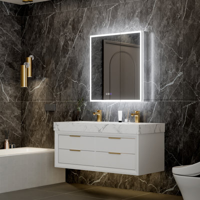 Twels 30"W x 32"H LED Lighted Backlit Bathroom Mirror Medicine Cabinet with 5x Magnifier 1800W Power Soft Close Door Recessed Or Surface Mounted Soft Hinges Front And Back Light
