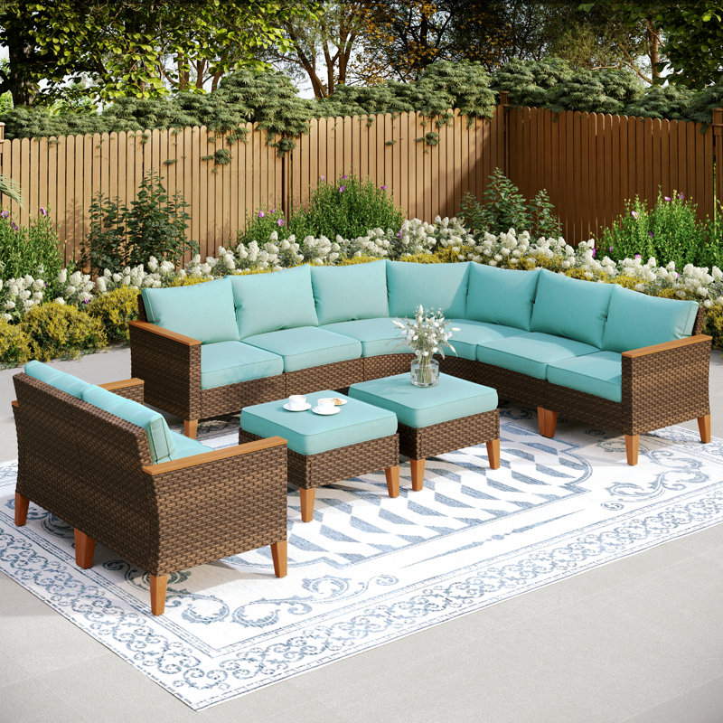 Shutesbury 9 Piece Wicker Outdoor Patio Conversation Furniture Sectional Set with Cushions, Blue