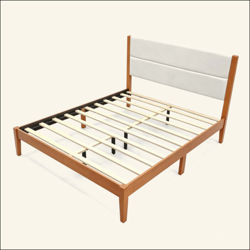 Structure de lit plateforme Mid-Century moderne avec tête de lit tapissier, support de lattes en bois massif, aucun sommier requis, assemblage facile