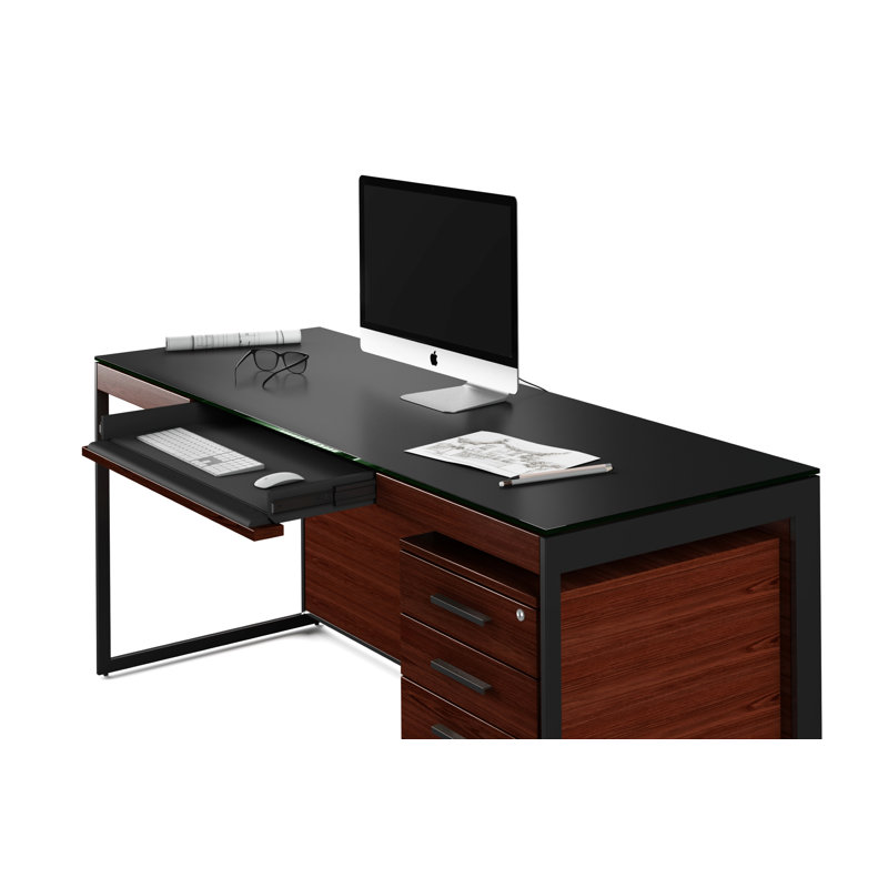 Bureau avec retour Sequel, Noyer teint de couleur chocolat / noir
