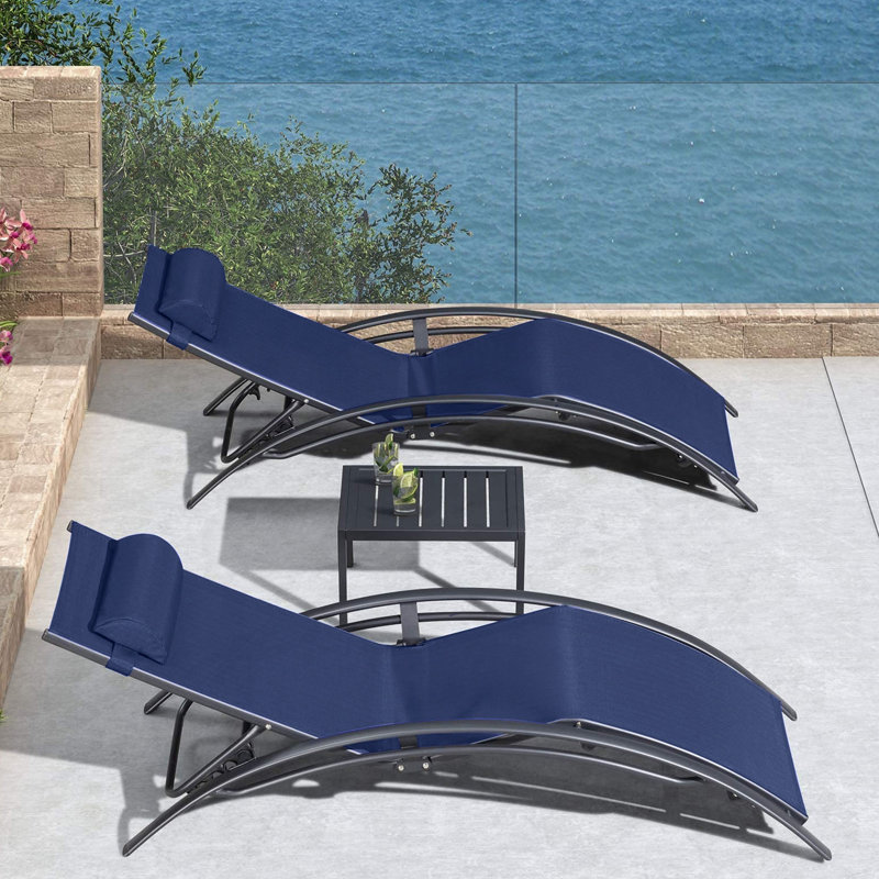 Outdoor Rust-Resistant Metal Chaise Lounge Set with Table, Navy Blue