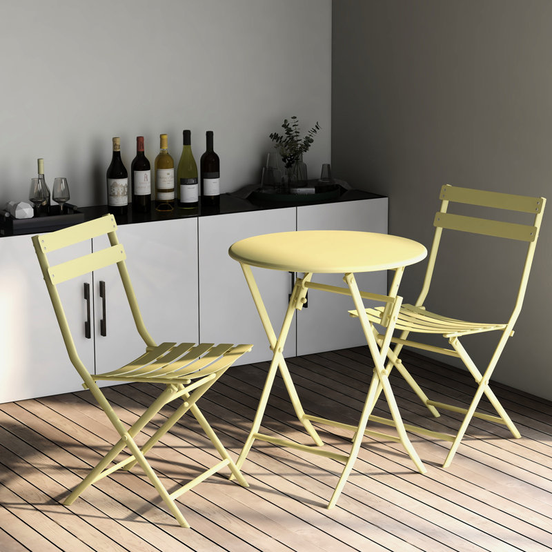 Ensemble de 3 bistro de patio pliable de couleur jaune - Mobilier en métal pour la salle à manger