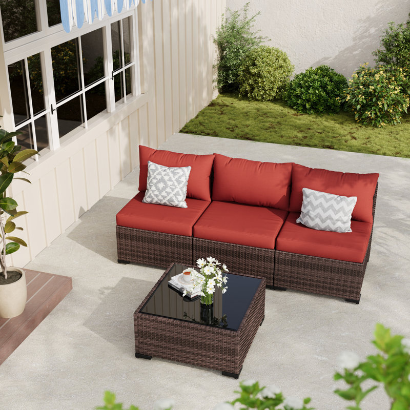 Ensemble canapé de jardin 3 places en résine tressée avec coussins et table basse en verre, Rouge