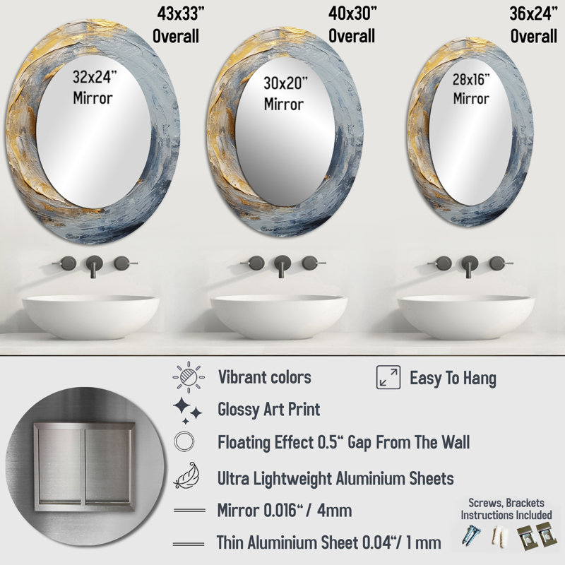 Gold And Blue Vibrant Spirals IV - Gold Modern Oval Wall Mirror, 36" x 24"