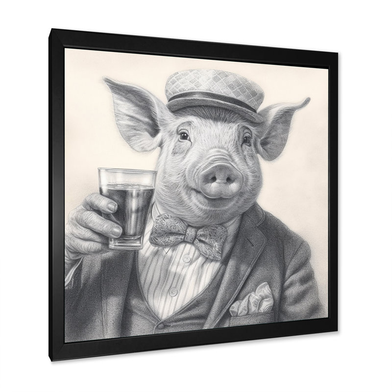Cochon ayant une boisson II, reproduction d'art sur toile, H 16 po x l 16 po x P 1 po, Cadre simple noir