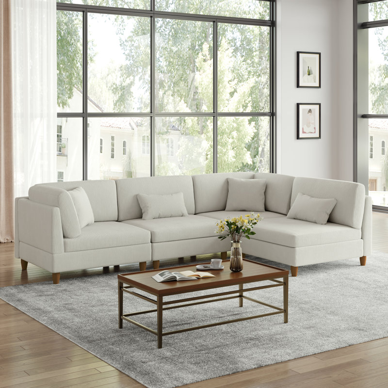 Seemab 4 - Piece Upholstered Sea Salt Gray Corduroy Modular Sectional with Pillow Back and Solid Wood Legs, Sea Salt Gray