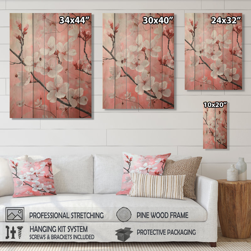 Moment In Spring Spring Cherry Blossom I - Décoration murale en bois de cerisier en fleurs - sur bois de pin naturel