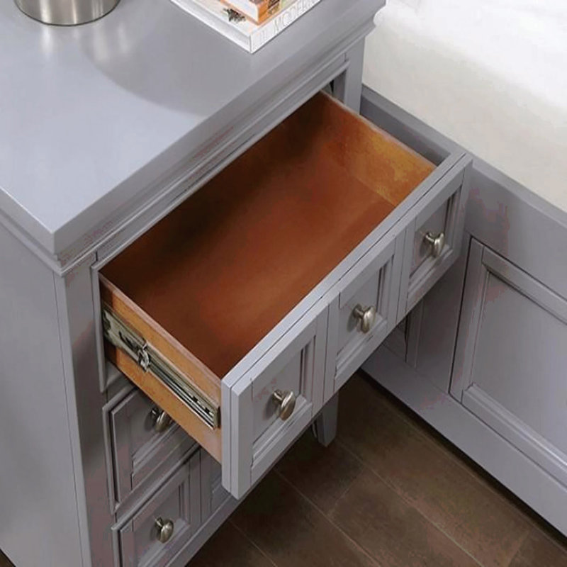 Style transitionnel, table de chevet 1Pc seulement, bois massif, boutons ronds, 3 tiroirs, table de chevet, Gris