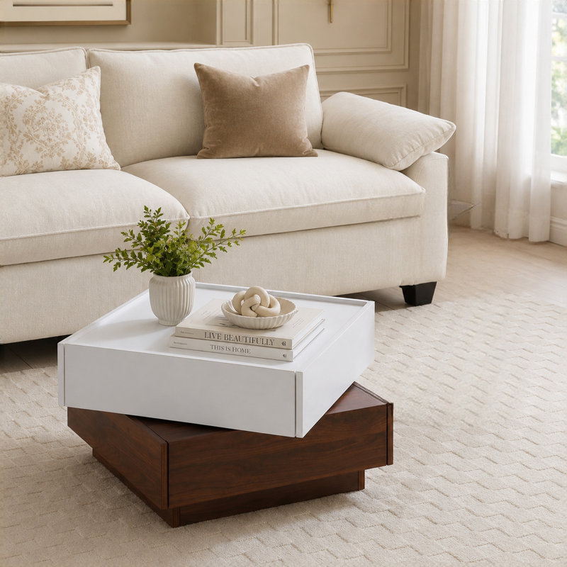 Table basse rotative carrée deux tons noyer blanc avec tiroirs doubles et rangement caché - Table tournante multifonctionnelle pour le salon