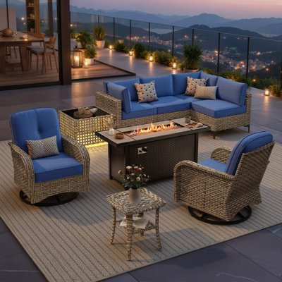 Sturgill 9-Piece Wicker Outdoor Sectional Seating Group With Lighted Coffee Table And Swivel Rocker Chairs,All Weather Patio Modular Conversation Set With Propane Fire Pit Table