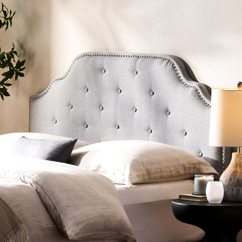 Grey Fabric Upholstered Headboard - Queen & Full Sized With Contemporary Charm Button Stitching And Ravishing Nailhead Accents Assembly Required For Bedroom Diamond Stitch Upholstery