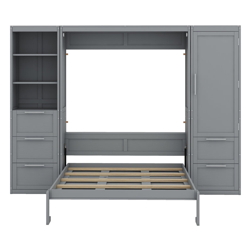 Murphy Bed Wall Bed With Closet ,Drawers And Shelves, Gray