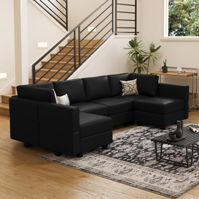 Colusa U Shaped 6-Seat Faux Leather Sofa Storage Couch Modular Sofa Memory Foam Sectional Sofa Black Orange Beige For Livingroom