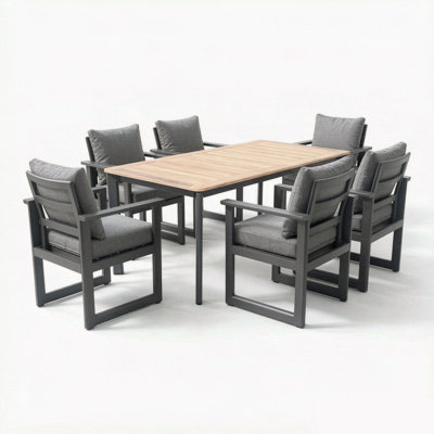 180×90×76cm Teak Top Outdoor Dining Table Set, 7-Piece Patio Dining Set with Full Aluminum Framed Chairs & Weather Resistant Cushions