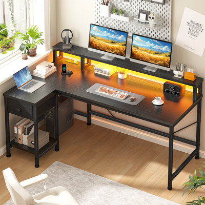 L Shaped Gaming Desk with Monitor Stand, Drawer & LED Lights, Carbon Steel & Wood Computer Desk for Home Office, Corner