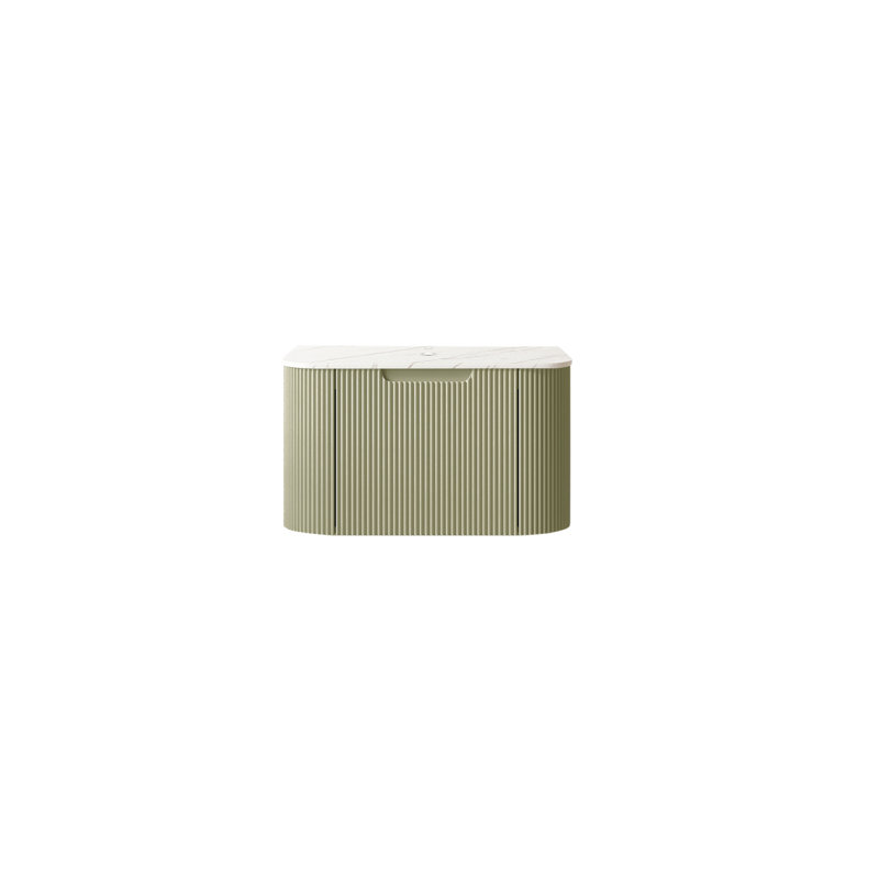 Armoire murale en contreplaqué de 24 po avec comptoir en pierre frittée blanche Carrara, un tiroir, sans lavabo, sans robinet et drain, de couleur vert clair
