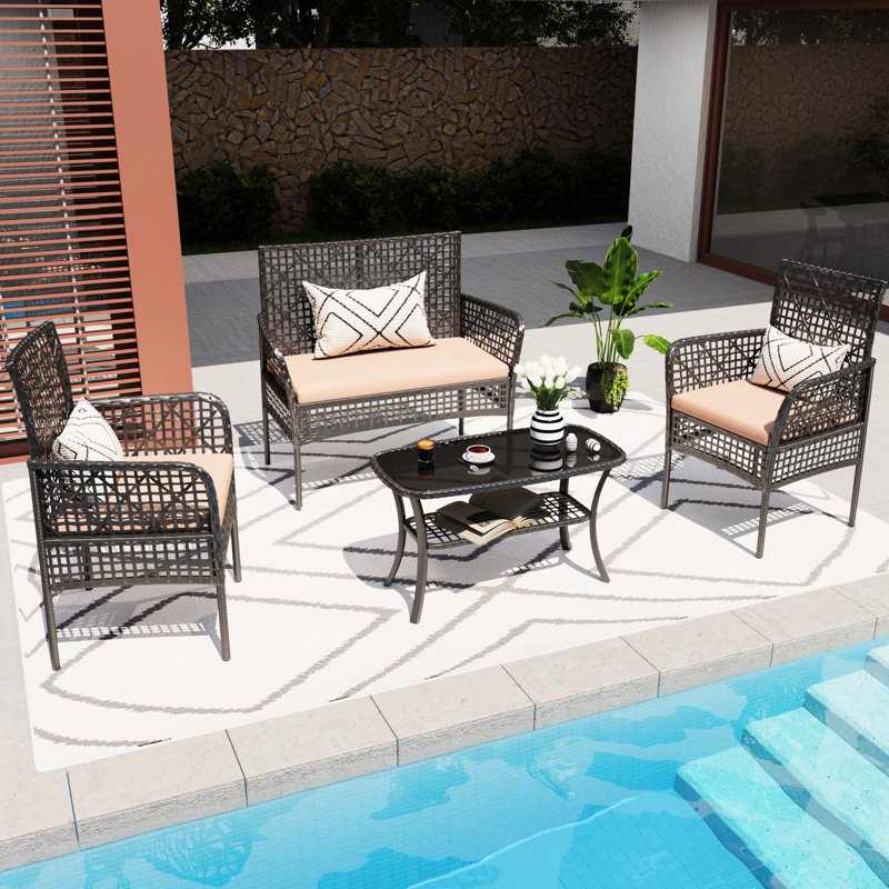 Ensemble de 4 chaises d'extérieur avec coussins en PE, coussins moelleux et table en verre trempé 4 pièces, Beige