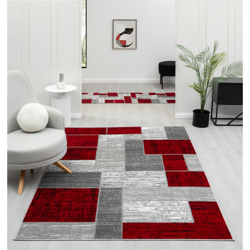Tapis géométrique gris / rouge Pece, Rectangle 2 pi x 3 pi
