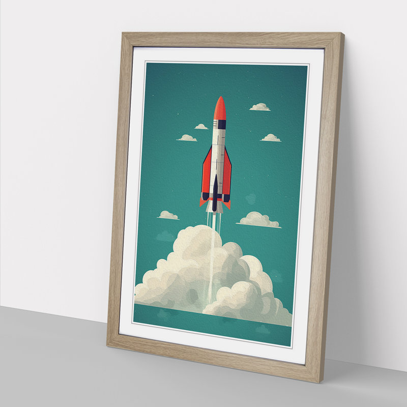 Rocket Minimalism No.2 - Single Picture Frame Print on Wood, 34cm H x 25cm W x 2cm D, Oak