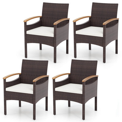  4 PCS Dining Chairs w/ Acacia Wood Armrest Heavy Duty Metal Frame Patio
