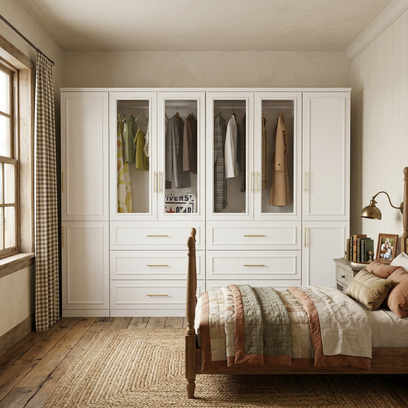 Baukus 94.8" W 6-Drawer Wardrobe with Glass Doors