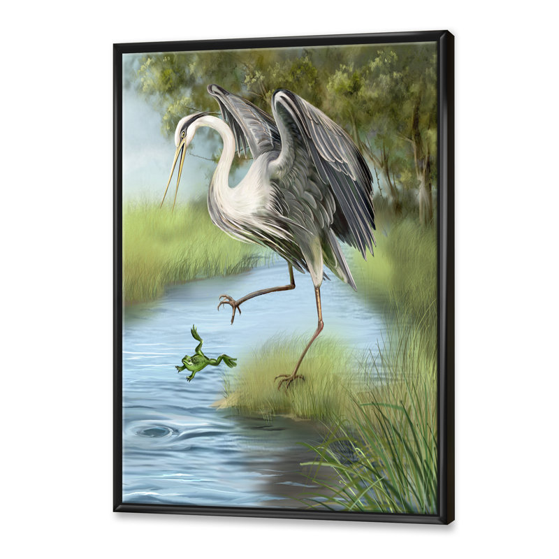 Grue chassant une grenouille dans l'eau - Imprimé campagnard, H 40 po x l 30 po x 1,5 po, Cadre noir