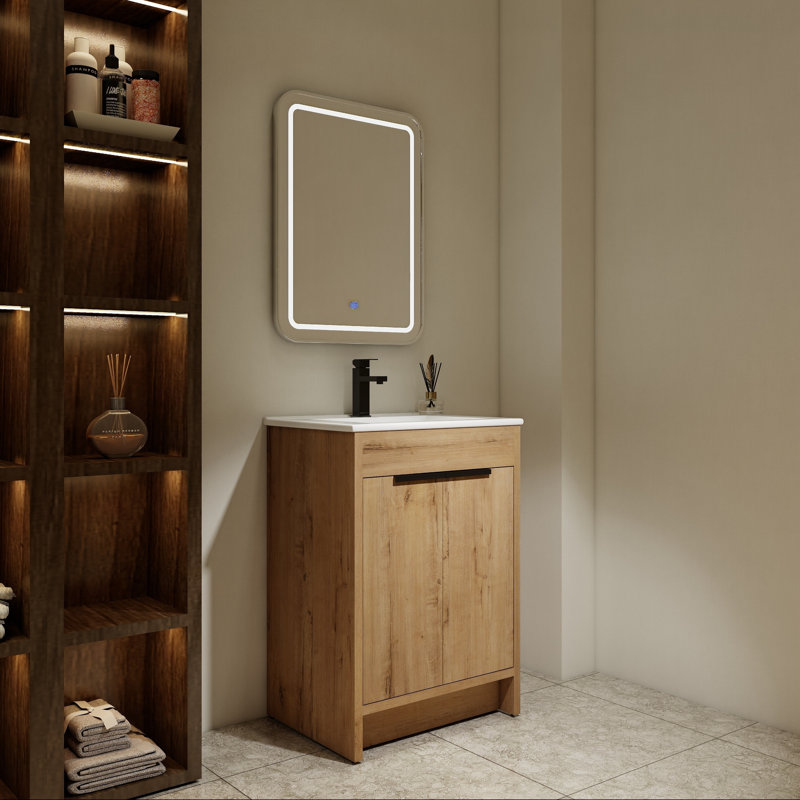 Meuble-lavabo autoportant de 24 po avec lavabo en céramique et rangement à fermeture en douceur, White