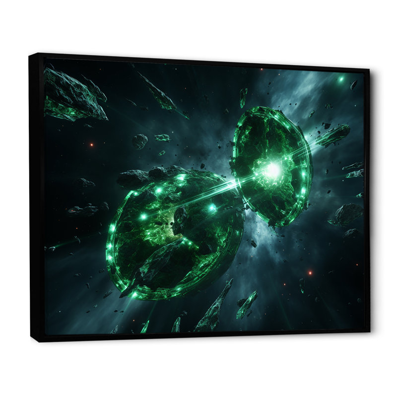 «Green and White Cosmos Explosion I», art mural de la planète espace, Cadre flottant noir, H 24 po x l 32 po x P 1 po