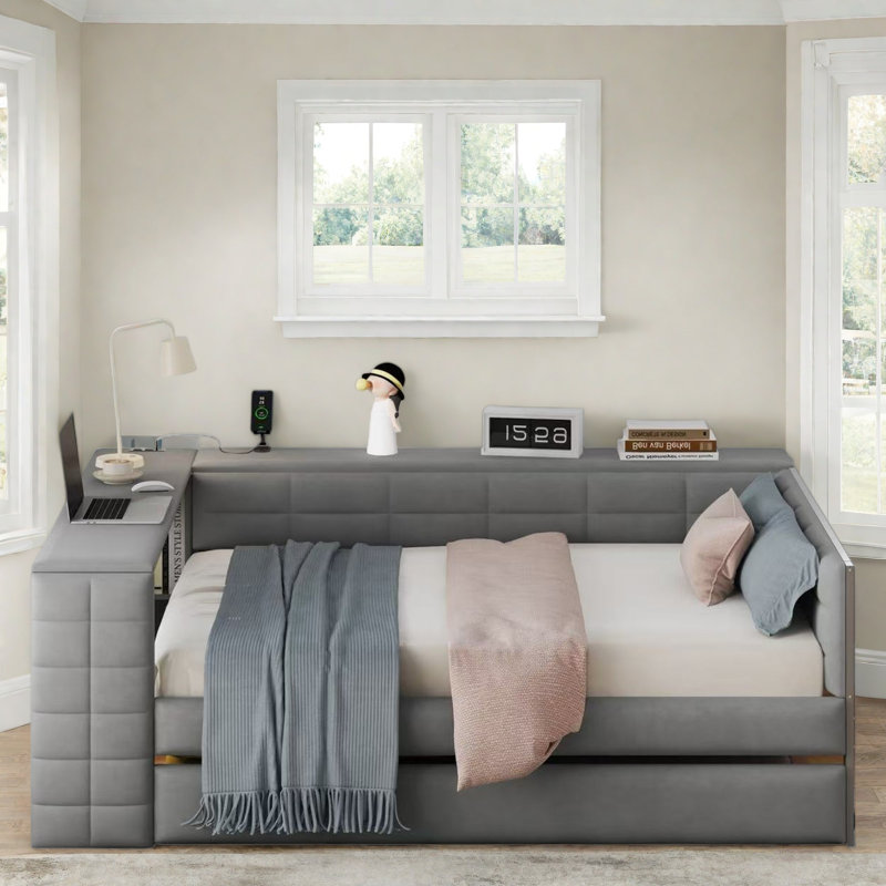 Lit de jour rembourré avec tablettes de rangement, bureau, station de charge et lit gigogne, Gris