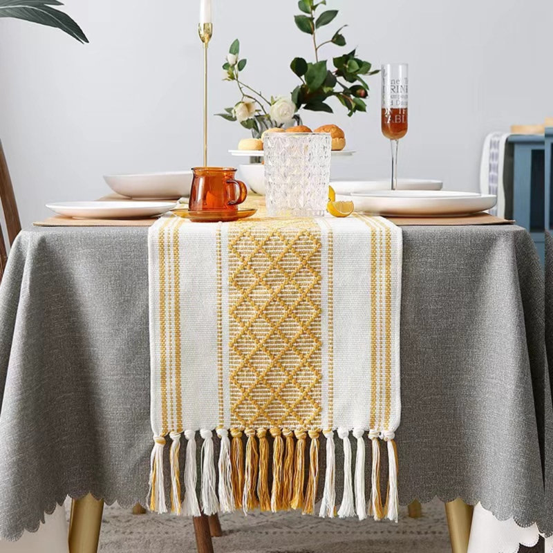 Table Runner With Tassel, Woven Scarf For Bedroom, Farmhouse Entry Console Table Cover With Fringe, Yellow