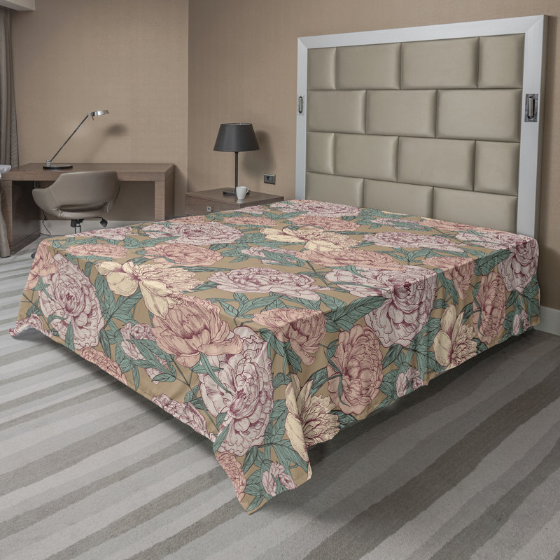 Drap plat à motif floral bohème Ambesonne, Rosé, vert laurier, brun clair / floral, Drap plat de taille double