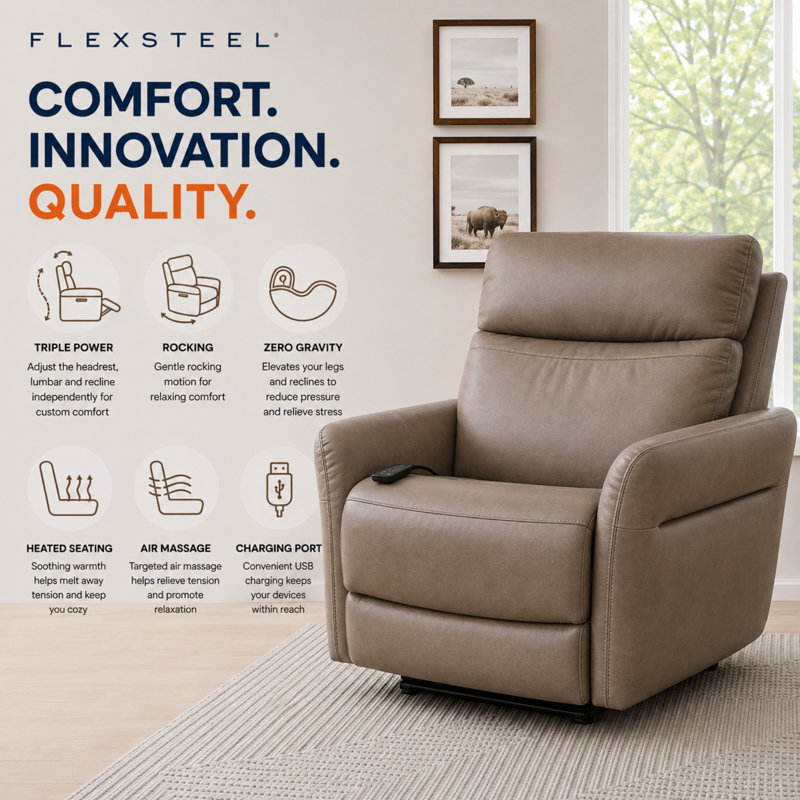 Athena Power Rocking Recliner With Power Headrest, Power Lumbar, Heat & Massage, Brown