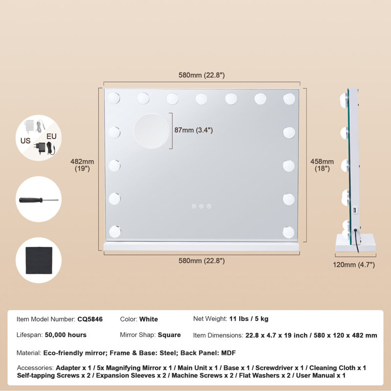 Miroir de salle de bain Hollywood avec lumières et fixation murale USB, 26 po x 22 po