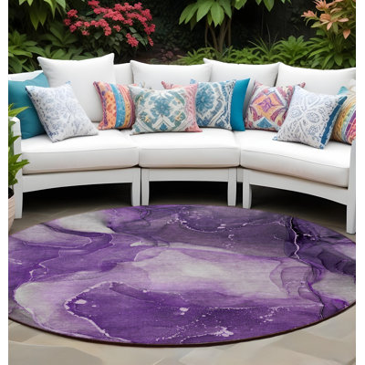 8' Round Purple Round Abstract Washable Non Skid Indoor Outdoor Area Rug