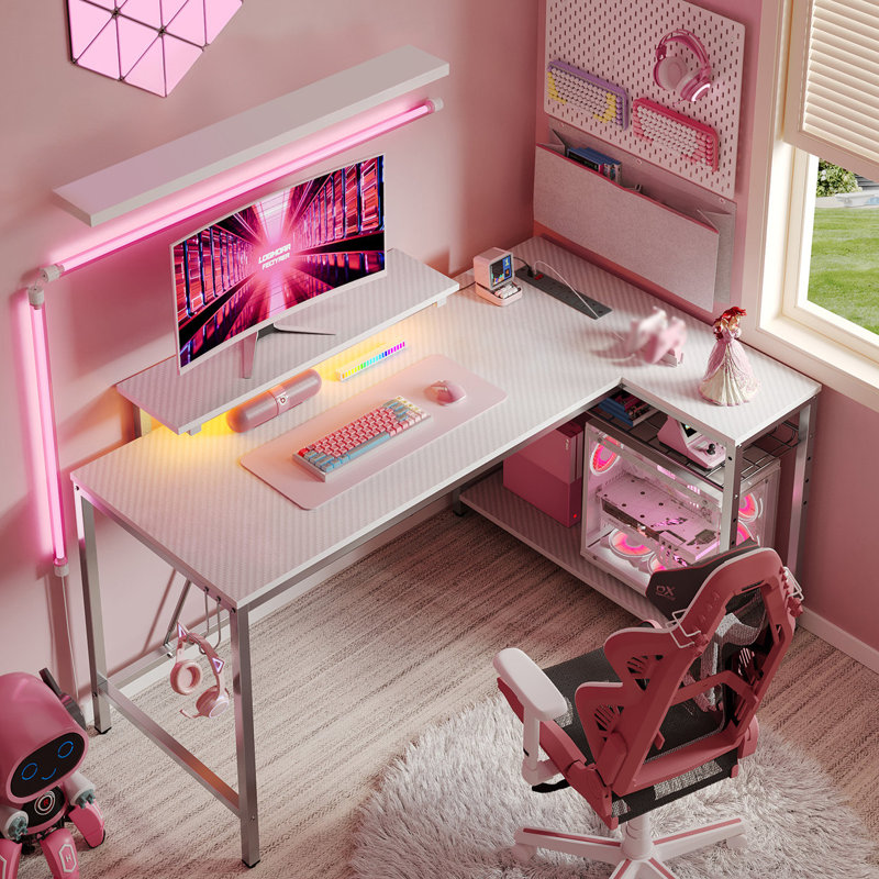 L-shaped Computer Desk with Power Outlet, Gaming Desk with Monitor Stand and Shelves, Carbon Fiber White/White