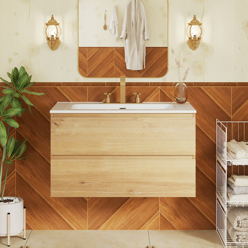 Meuble-lavabo mural simple vasque de 91,2 cm (35,9 po) avec dessus en céramique, Bois naturel