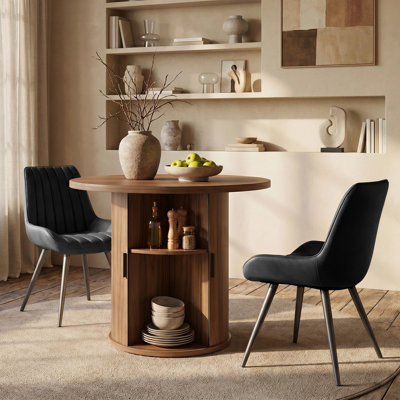 31.5"/47" Round Wooden Dining Table Set With Half-Open Storage Shelf, Includes 2-4 Padded Upholstered Fabric Dining Chairs