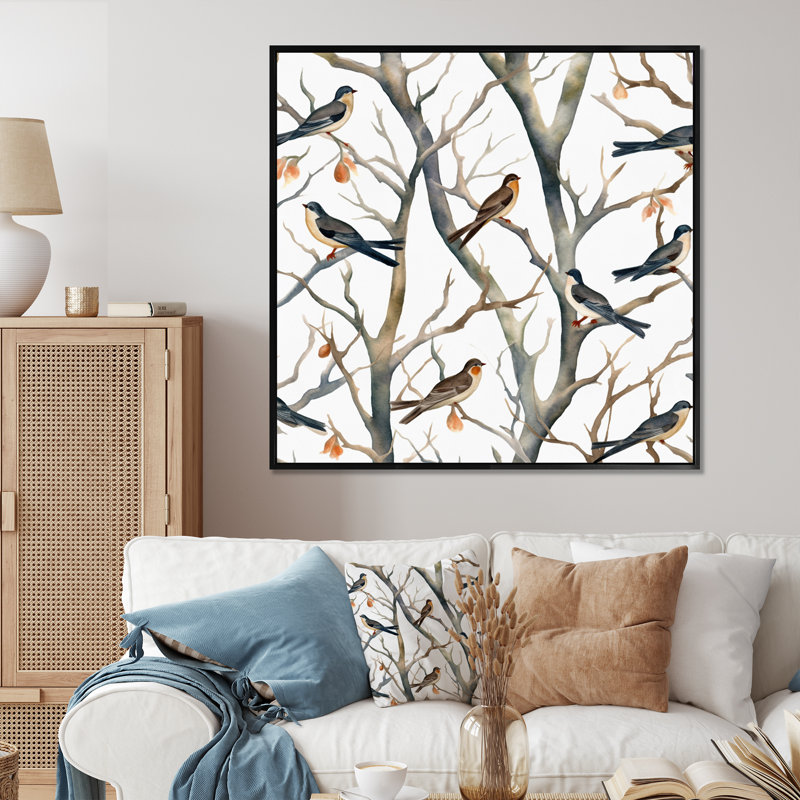 «Little Birds On The Tree Branches VI», reproduction d'art sur toile, H 16 po x l 16 po x P 1 po, Cadre flottant noir