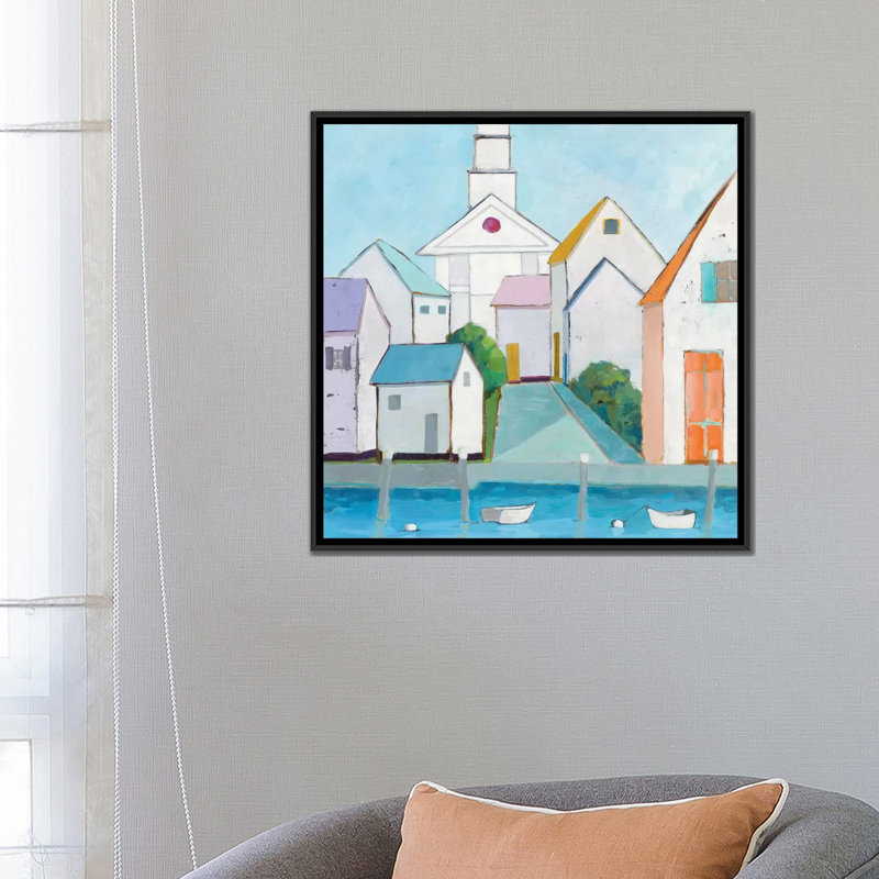 « harbor town iii », reproduction d’art sur toile, H 18 po x l 18 po x P 1,5 po, Toile encadrée noire, Pas de tapis